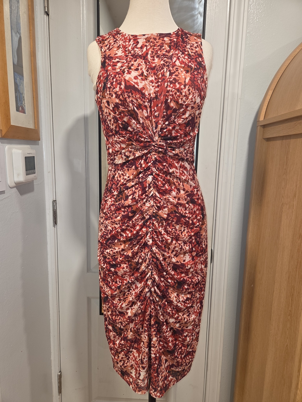 Vince Camuto Red Floral Ruched Midi Dress
